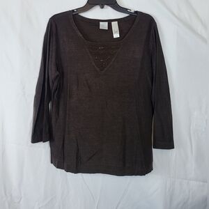 Emma James Brown Beaded 3/4 Sleeve Silk Blend Square Neck Blouse Size‎ XL